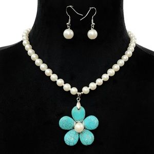 Pearl & Turquoise Flower Necklace Earrings Set